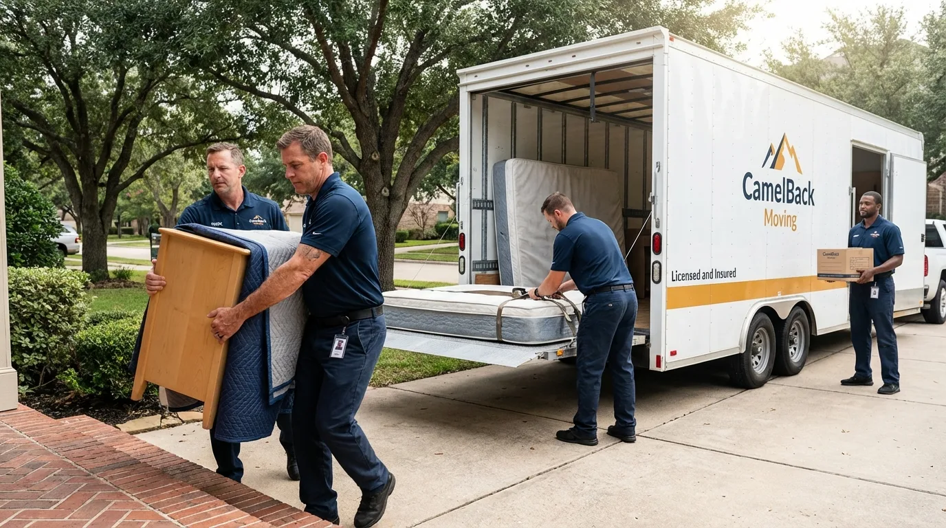 Crew loading residential truck for cross-state move from Nocona, TX