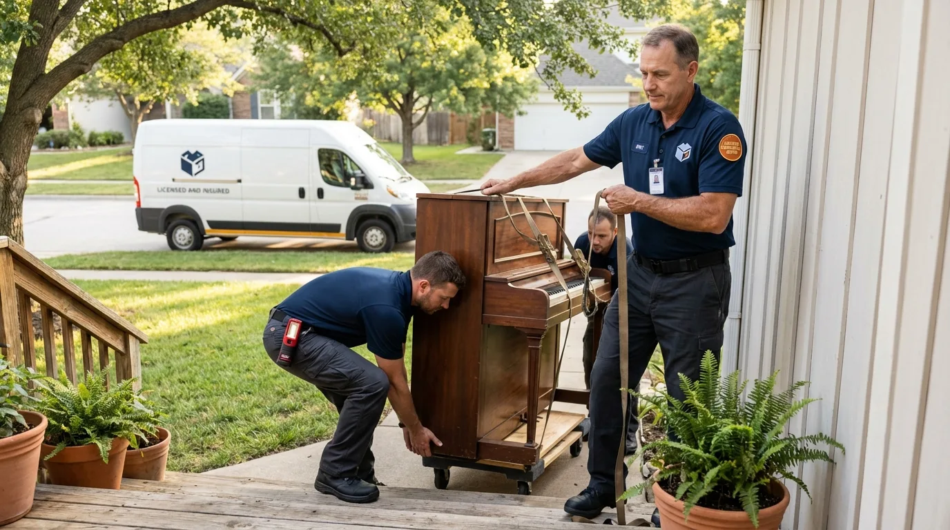 Licensed piano movers securing grand piano in Nocona, TX