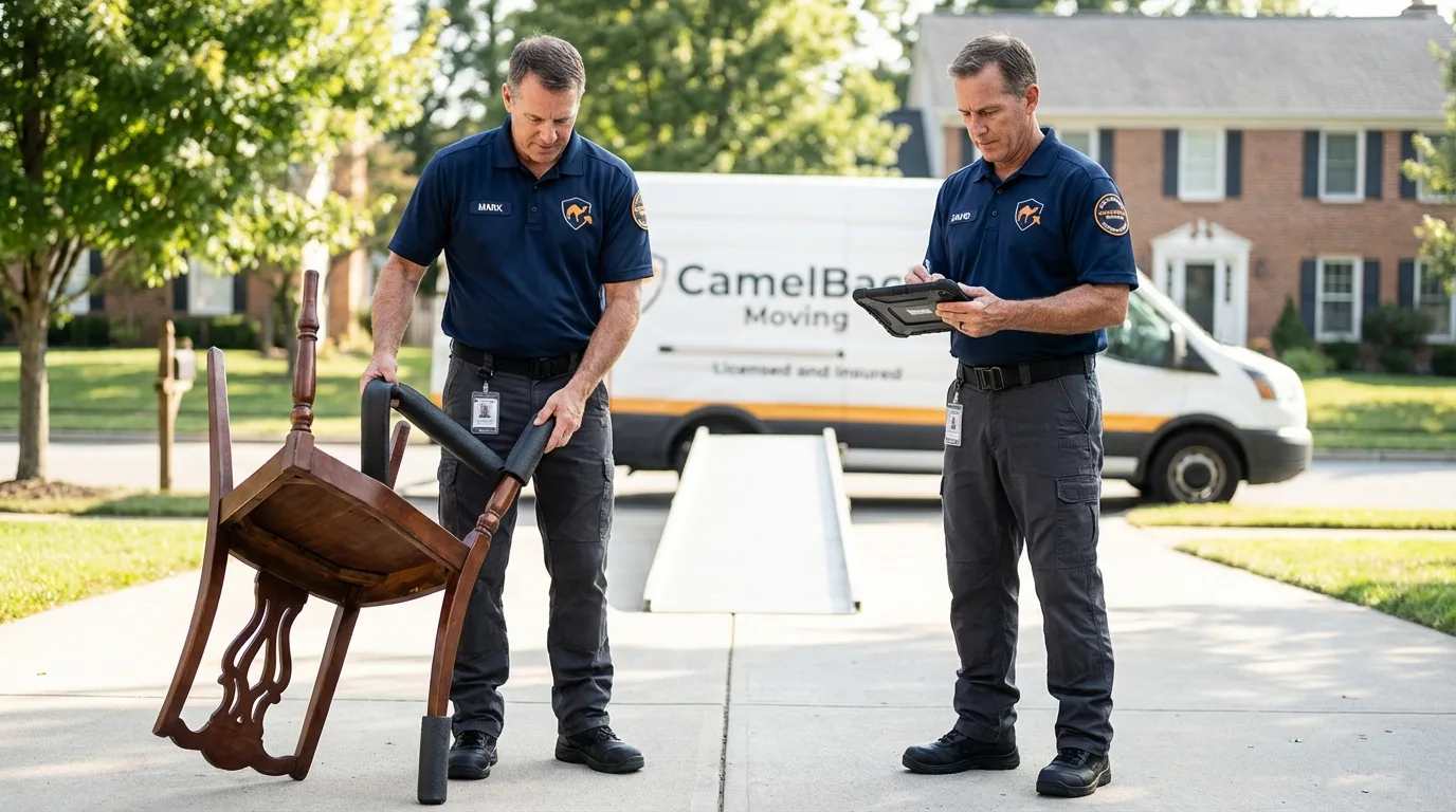 Movers inspecting furniture for damage prevention before loading in Nocona, TX