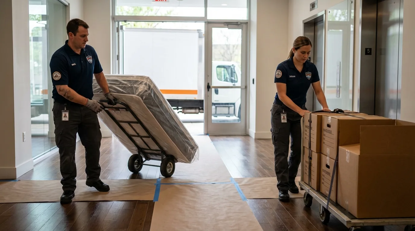 Professional apartment movers loading elevator in Nocona, TX