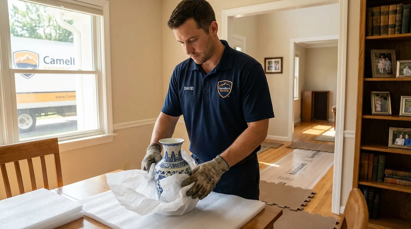 Professional crew carefully wrapping antique vase for senior downsizing move in Nocona, TX